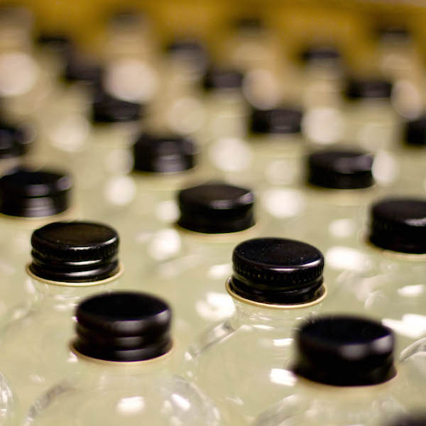rows of glass bottles with black screw-top lids